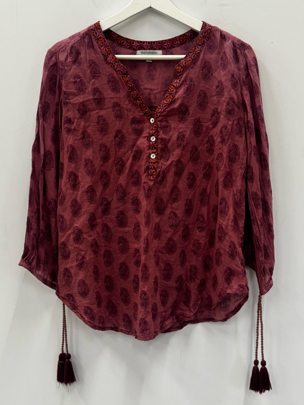 Cost Plus World Market Boho Henley Paisley Print Blouse in Deep Burgundy S/M